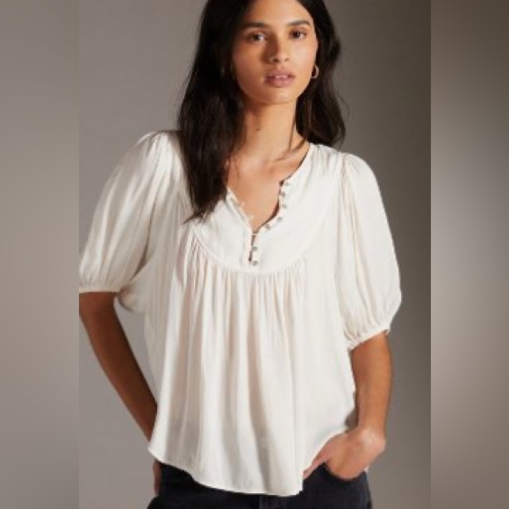 Anthropologie White Puff Sleeve Blouse